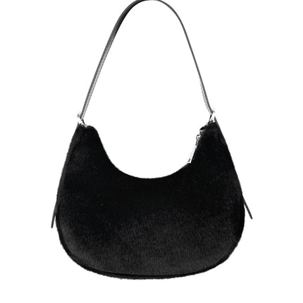 Zwarte Fluffy City Tas - Zachte Nepbont Handtas met Verstelbare Schouderband - 26x21x10 cm - Polyester