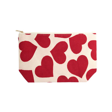 Make-up tasje met hartjes - Rode toilettas - Beige met rode harten - 25x16x17,5 cm - 100% Polyester