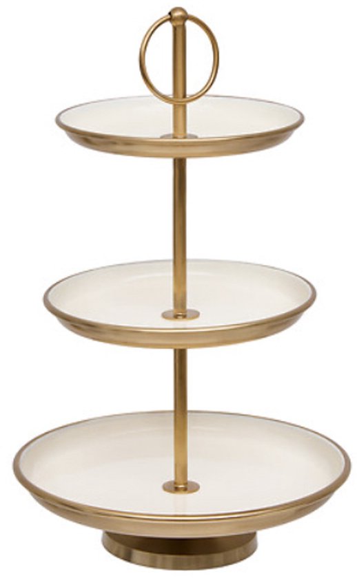Drietraps Etagère – 3 Laags Serveerstandaard – Metaal – Goud & Crème – H35 x Ø22 cm – Voor Gebak, Hapjes & Decoratie