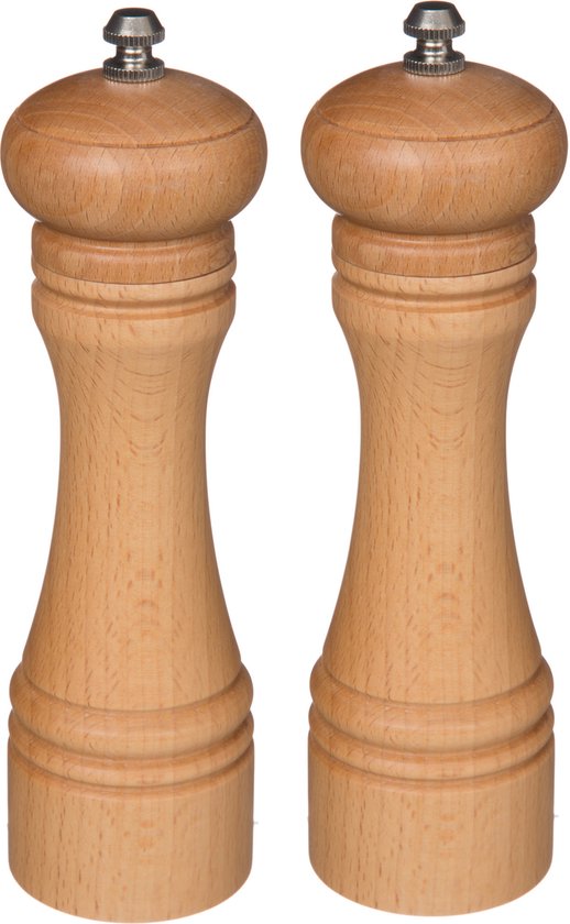 5Five Pepermolen/zoutmolen - 2x stuks - hout - beige - H22 cm - Pepermaler/zoutmaler - Kruiden en specerijen vermalers
