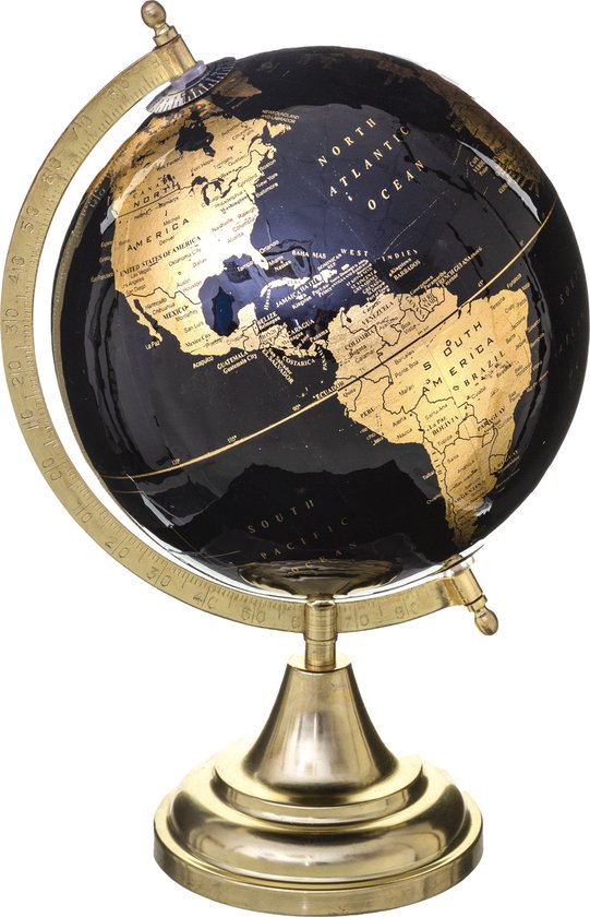Atmosphera Decoratie wereldbol/globe- zwart/goud - op metalen voet - D20 x H33 cm - Landen/continenten topografie