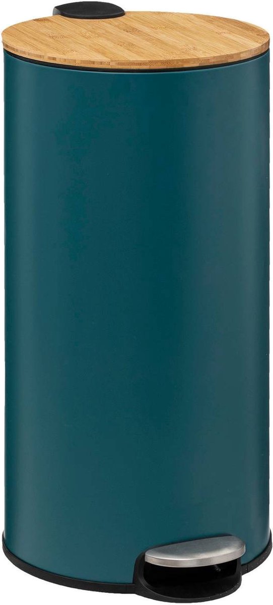 5Five Bamboo trash can/pedal bin - petrol blue - metal - 30 liters - 38 x 29 x 60 cm - kitchen