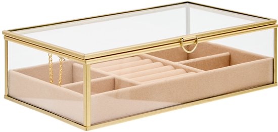 Atmosphera Sieradenkistje Classico - 24 x 14 x 7 cm - transparant / beige - Juwelenkistje met deksel - vakjes indeling - Luxe cadeau