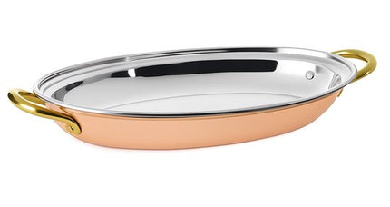 MPLCo - Serveerplank - Luxe Tapasplank - Serveerschaal - Stalen & Koperen Serveerpan met Handgrepen - Serveerschaal voor Hapjes, Voorgerechten & Desserts - 17 x 12 x 2.3 cm - Koper