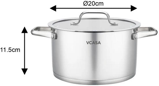 Vcasa kookpan 20 cm met glazen afgietdeksel, 3,4 liter, rvs
