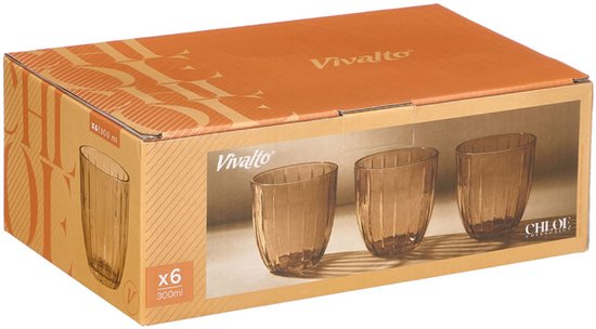 Wasserglas - Cocktailglas - Saftglas - Geriffeltes Trinkglas - Gestreiftes Glas - 6er-Set - Vintage Wasserglas - 300 ml - 8,5 x 8,5 x 9,5 cm - Bernstein