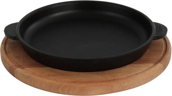BRIZOLL serveerpan van gietijzer met houten onderzetter, 20 cm