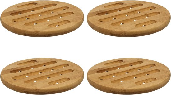 Secret de Gourmet pannen onderzetter - 4x - rond - bruin - D18 cm - van bamboe - Pannenonderzetter