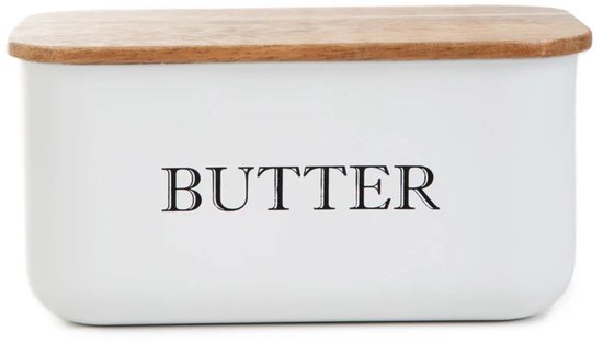 HOMLA - Avila Botervloot - Boterdoos - Moderne Boterschaal met Deksel - Butter Dish voor Koelkast & Tafel - Metaal en Acacia Hout - 15 x 10 x 7 cm - Wit & Hout