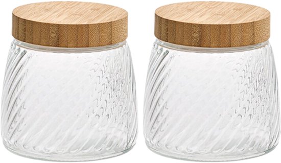 2-Delig Glazen Voorraadpotten - Voorraadpot - Voorraadbus - Met Bamboe Deksel - Keukenopslag - 0. 9 Liter - Ø12,2 x 12,5 - Transparant