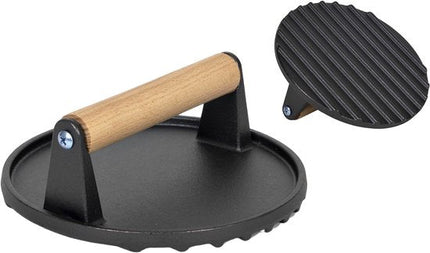 MPLCo - Hamburgerpers Gietijzer - Burger Press met Houten Handgreep - Cast Iron Meat Press - Grillpers voor Hamburgers, Smash Burgers, Steaks & Bacon - BBQ Accessoire - Ø18 cm - Zwart