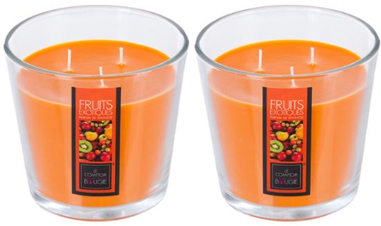 Geurkaars - Parfumkaars - Grote Geurkaars in Glazen Pot - Set van 2 - Exotic Fruit Geur - voor Luxe Woonaccessoire - 500g - 13,5 x 12,5 cm - Transparant