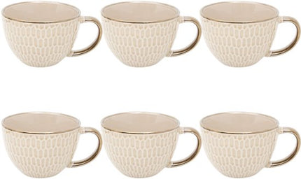 Mok - Ontbijtkom - Keramische Ontbijtbeker - Set van 6 - Grote Koffiemok - Soepkom met Oor - Fajance Kom voor Ontbijt, Muesli en Soep - 420 ml - 14.5 x 11.6 x 7.8 cm - Beige