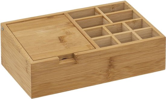 Make-up-Organizer 11 Fächer mit Spiegel 24,5 x 8 cm aus Bambus – Nagellackhalter – Make-up-Halter – Organizer
