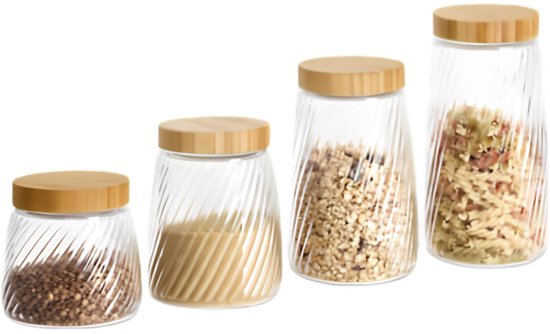 Voorraadpot Food Essentials Ventura - keuken - ribbel glas / bamboe - 1. 3 liter - luchtdichte draaideksel - bewaarpotten - opslagpotten