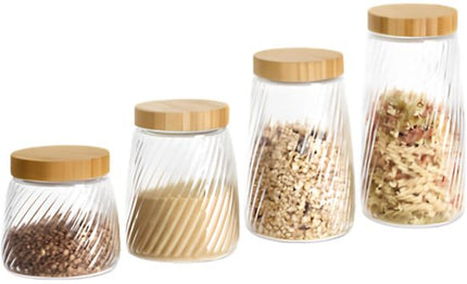 Voorraadpot Food Essentials Ventura - keuken - ribbel glas / bamboe - 0.9 liter - luchtdichte draaideksel - bewaarpotten - opslagpotten