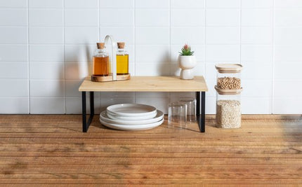 5Five Keuken/aanrecht rekje - metaal/bamboe hout - 50 x 30 x 18 cm - keuken organizer - naturel/zwart - verhoger
