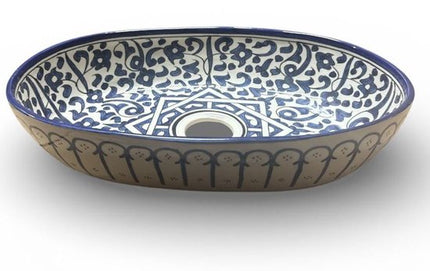 Handgemaakte Marokkaanse Waskom - Opbouw Wastafel - Keramiek - Ovaal - 39 x 29 cm - Blauw & Wit