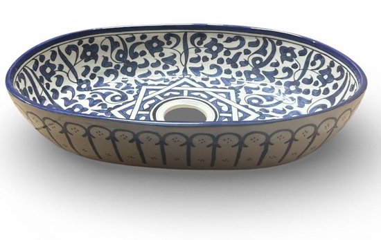 Handgemaakte Marokkaanse Waskom - Opbouw Wastafel - Keramiek - Ovaal - 35 x 25 cm - Blauw & Wit