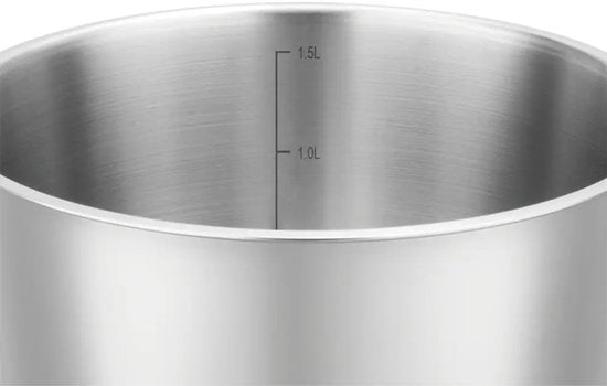Kookpan 16 cm met glazen afgietdeksel en maatverdeling, 1,6 liter, rvs