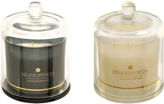 ILAE Geurkaars - Geurkaars in Glazen met Deksel - Set van 2 - Spices & Linen - Scented Candles - Luxe Woondecoratie - 240g - Ø10.8 x 13.8 cm - Zwart & Wit Glas