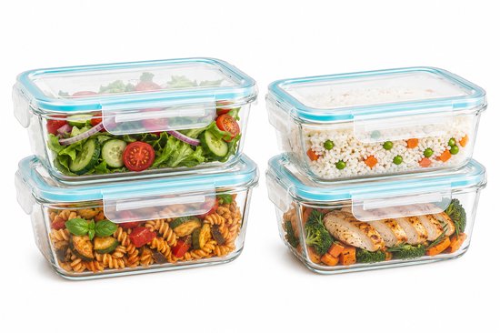 Glazen vershoudbakjes set van 4 – meal prep bakjes 1,18 liter met deksel