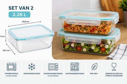 Grote vershoudbakjes Glas Set van 2 - Meal Prep Bakjes 2.26L - Glazen Diepvriesbakjes met Deksel - Lunchbox Glas