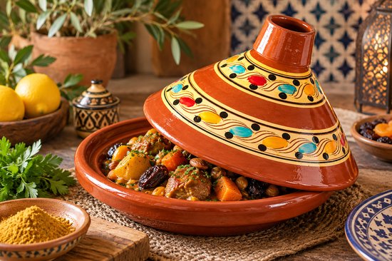 Marokkaanse tajine 35 cm van aardewerk met vlammenverdeler en Ras el Hanout
