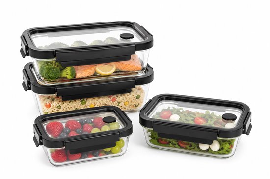Vershoudbakjes Glas Set van 4 - Meal Prep Bakjes - Glazen Lunchbox met Deksel - 2 x 0,5 L & 2 x 1,3 L