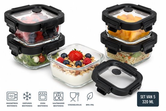 Vershoudbakje Glas 320 ml - Meal Prep Bakje - Glazen Lunchbox met Deksel - Vierkant