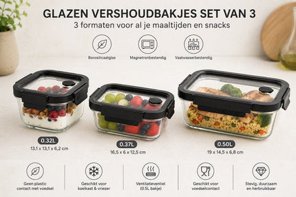 Vershoudbakjes Glas Set van 3 - Meal Prep Bakjes - Glazen Lunchbox met Deksel - 0.32L, 0.37L & 0.5L