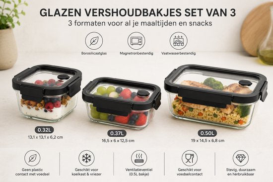 Vershoudbakjes Glas Set van 3 - Meal Prep Bakjes - Glazen Lunchbox met Deksel - 0,32 L, 0,37 L & 0,5 L