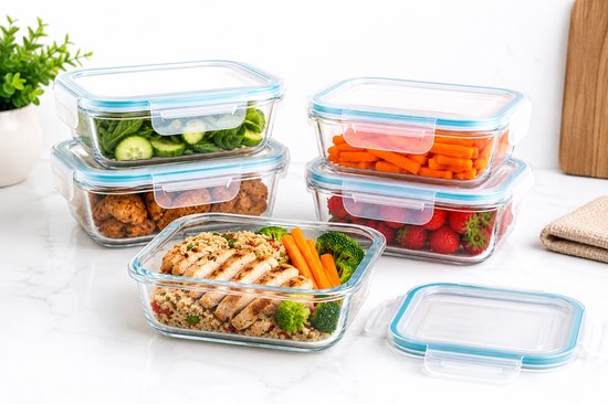 Vershoudbakjes Glas Set van 4 - Meal Prep Bakjes 1L - Glazen Diepvriesbakjes met Deksel - Lunchbox Glas