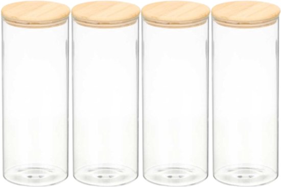 Vorratsglas - Glas-Vorratsdosen - Küchenaufbewahrung - 4er-Set - Vorratsbehälter - Rundes Glas mit Bambusdeckel - 1,8 L - BPA-frei - Transparent