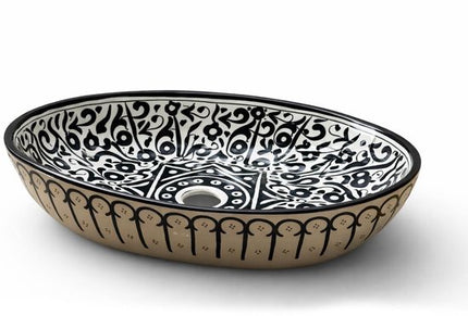 Handgemaakte Marokkaanse Waskom - Opbouw Wastafel - Keramiek - Ovaal - 35 x 25 cm - Zwart & Wit
