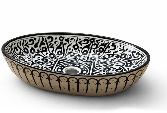 Handgemaakte Marokkaanse Waskom - Opbouw Wastafel - Keramiek - Ovaal - 35 x 25 cm - Zwart & Wit