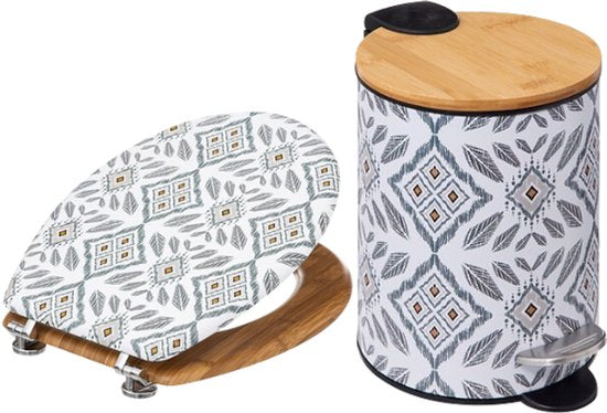 Badkamerset - Hapache Badkamerset - Toiletaccessoires - Soft-Close 3L Prullenbak van Metaal & Bamboe - Toiletbril - Multicolor