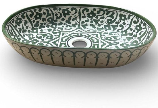 Handgefertigtes marokkanisches Waschbecken - Aufsatzwaschbecken - Keramik - Oval - 45 x 29 cm - Grün & Weiß