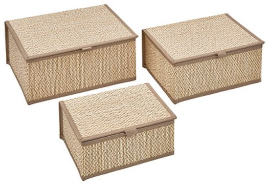 Opbergdozenset - Organizer Set - Set van 3 (S, M, L) - Bamboe Opbergbox - S M L - Opbergdoos met Deksel - Duurzame Opberger Kast & Bureau - Rechthoek - ca. 25 x 18 x 11.5 cm - Beige