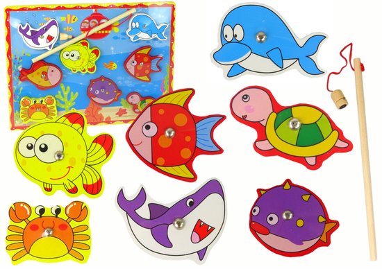 Lean Toys houten visspel met magneten – 8 zeedieren en hengel, vanaf 3 jaar