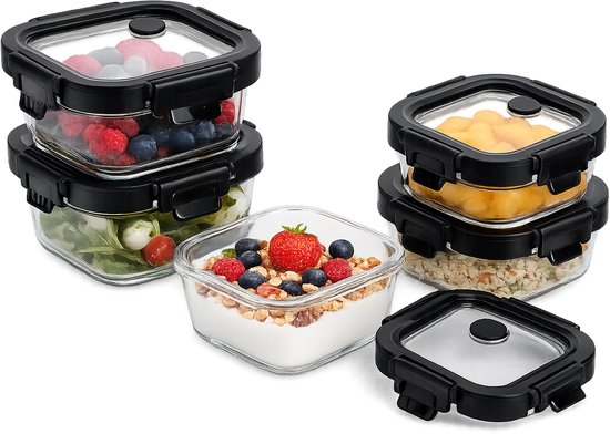 Vershoudbakje Glas 320 ml - Meal Prep Bakje - Glazen Lunchbox met Deksel - Vierkant