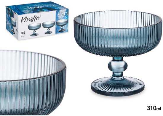 Eisbecher aus Glas 310 ml auf Fuß – Glas-Dessertschalen – dunkelblau gestreift – 6er-Set Dessertgläser