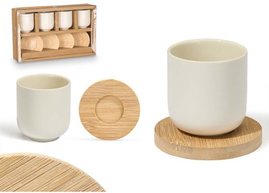 Set aus 4 weißen Keramik-Kaffeetassen mit Bambus-Untersetzern – 95 ml – spülmaschinen- und mikrowellengeeignet