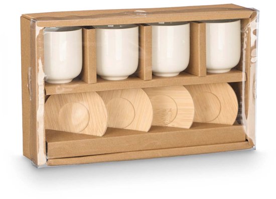 Set aus 4 weißen Keramik-Kaffeetassen mit Bambus-Untersetzern – 95 ml – spülmaschinen- und mikrowellengeeignet