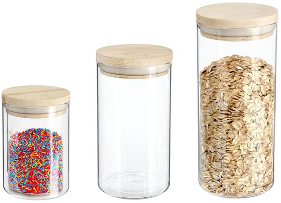 Secret de Gourmet - Keuken voorraad bussen - potten - glas/hout - set 6x stuks - voedsel - 600 ml -1000 ml - 1300 ml