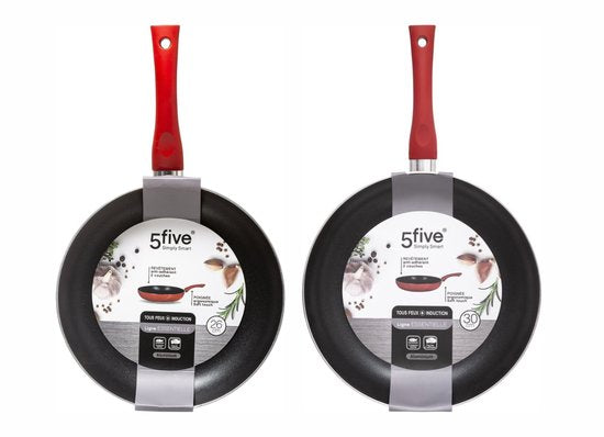Set van 2 Rood / Zwarte Koekenpannen – Geschikt voor Alle Kookplaten (Incl. Inductie) – 26 cm + 31 cm – Anti-Aanbaklaag – Bakelieten Handvat