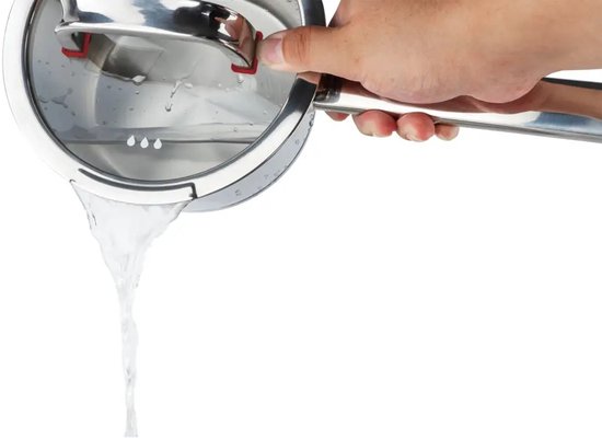 Steelpan 16 cm, 1,6 liter, rvs met glazen afgietdeksel en maataanduiding