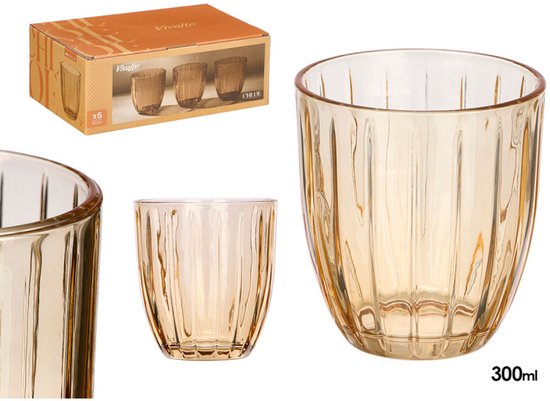 Wasserglas - Cocktailglas - Saftglas - Geriffeltes Trinkglas - Gestreiftes Glas - 6er-Set - Vintage Wasserglas - 300 ml - 8,5 x 8,5 x 9,5 cm - Bernstein