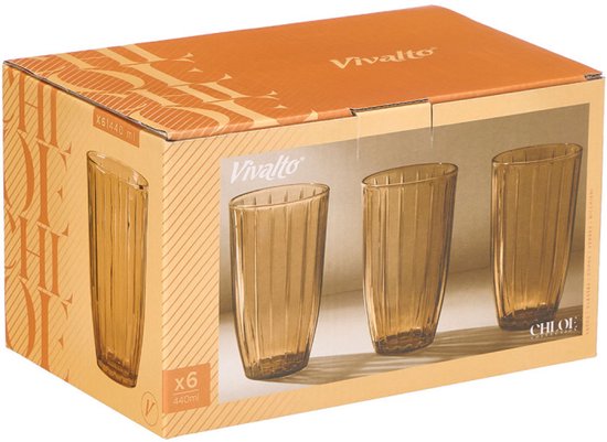 Wasserglas - Cocktailglas - Saftglas - Geripptes Trinkglas - Gestreiftes Glas - 6er-Set - Vintage Wasserglas - 440ml - 8,2 x 8,2 x 14,2 cm - Bernstein