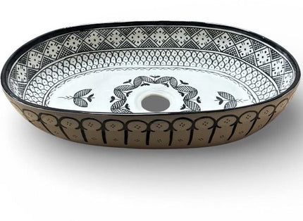 Handgemaakte Marokkaanse Waskom – Opbouw Wastafel - Geometrisch - Keramiek - Ovaal - 45 x 29 cm - Zwart& Wit